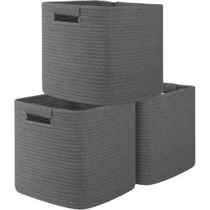 imageOIAHOMY Storage Cubes 11 Inch Storage Bins3Pack Cotton Rope Woven Baskets for Organizing Square Storage Baskets for Shelves Organizer Classroom Kids Toy Bins Closet Baby NurseryBrownDarK Grey