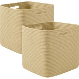imageOIAHOMY Storage Cubes 13 Inch Cube Storage Organizer Collapsible Storage Bins Baskets for Organizing Storage Bins for ShelvesBrown 2PACKHemp Yellow