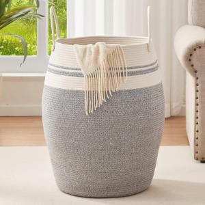 imageLaundry Hamper Woven Rope Large Clothes Hamper 256quot Height Tall Laundry Basket with Extended Handles for Storage Clothes Toys in Bedroom Bathroom Foldable Dark GreyWhite  light grey