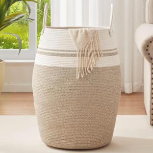 imageLaundry Hamper Woven Rope Large Clothes Hamper 256quot Height Tall Laundry Basket with Extended Handles for Storage Clothes Toys in Bedroom Bathroom Foldable Dark GreyYellow variegated