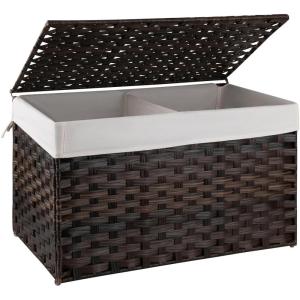 imageOIAHOMY Large Storage Basket with Lid 423 Gallon 160L Blanket Basket with Removable Liner Bag Wicker Hamper with Handle Foldable Hamper for Bedroom GreyBrown