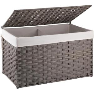 imageOIAHOMY Large Storage Basket with Lid 423 Gallon 160L Blanket Basket with Removable Liner Bag Wicker Hamper with Handle Foldable Hamper for Bedroom GreyGrey