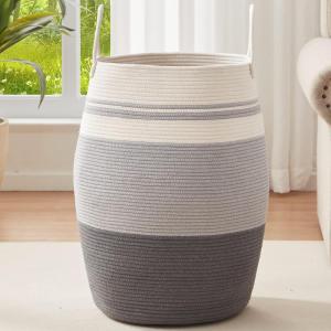 imageOIAHOMY Laundry Hamper Woven Cotton Rope Large Clothes Hamper 256quot Height Tall Laundry Basket with Extended Cotton Handles for Storage Clothes Toys in Bedroom Bathroom Foldable Yellow variegatedDark grey
