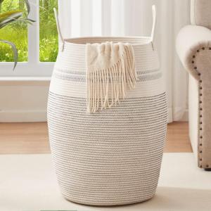 imageOIAHOMY Laundry Hamper Woven Cotton Rope Large Clothes Hamper 256quot Height Tall Laundry Basket with Extended Cotton Handles for Storage Clothes Toys in Bedroom Bathroom Foldable Yellow variegatedWhite black
