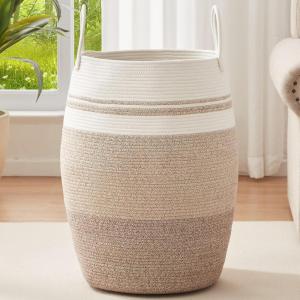 imageOIAHOMY Laundry Hamper Woven Cotton Rope Large Clothes Hamper 256quot Height Tall Laundry Basket with Extended Cotton Handles for Storage Clothes Toys in Bedroom Bathroom Foldable Yellow variegatedGradient Yellow
