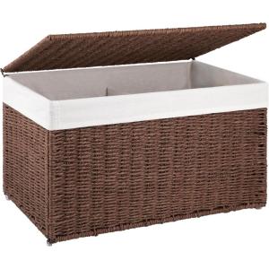 imageOIAHOMY Storage Basket with Lid 277 Gallon 105L Blanket Basket with Removable Separated Liner Bag Paper Rope Hamper with Handle Foldable Shelf Basket for Living Room GreyBrown