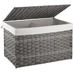 imageOIAHOMY Storage Basket with Lid 423 Gallon 160L Blanket Basket with Removable Liner Bag Synthetic Wicker Hamper with Handle Foldable Hamper for Living Room GreyGrey