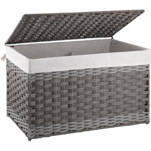 imageOIAHOMY Storage Basket with Lid 423 Gallon 160L Blanket Basket with Removable Liner Bag Synthetic Wicker Hamper with Handle Foldable Hamper for Living Room GreyGradient Grey