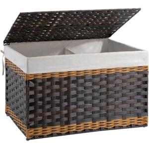imageOIAHOMY Storage Basket with Lid 423 Gallon 160L Blanket Basket with Removable Liner Bag Synthetic Wicker Hamper with Handle Foldable Hamper for Living Room GreyGradient Brown