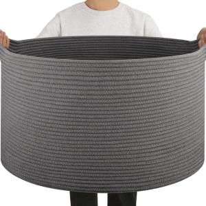 imageOIAHOMY 90L Large Blanket Basket with Handle Blanket Storage for Living Room 23quot x 23quot x 13quot Laundry Basket for Blankets Pillows Large Woven Rope Baskets for Kids Dogs Toys  BlackGrey