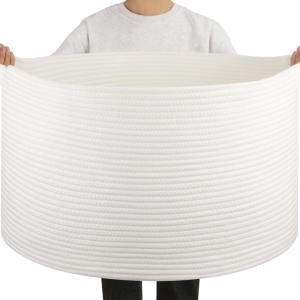 imageOIAHOMY 90L Large Blanket Basket with Handle Blanket Storage for Living Room 23quot x 23quot x 13quot Laundry Basket for Blankets Pillows Large Woven Rope Baskets for Kids Dogs Toys  BlackWhite