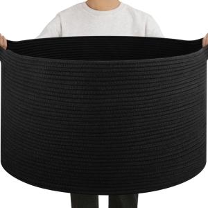 imageOIAHOMY 90L Large Blanket Basket with Handle Blanket Storage for Living Room 23quot x 23quot x 13quot Laundry Basket for Blankets Pillows Large Woven Rope Baskets for Kids Dogs Toys  BlackBlack