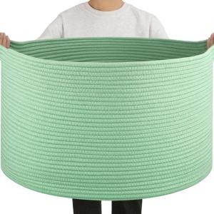 imageOIAHOMY 90L Large Blanket Basket with Handle Blanket Storage for Living Room 23quot x 23quot x 13quot Laundry Basket for Blankets Pillows Large Woven Rope Baskets for Kids Dogs Toys  BlackGreen