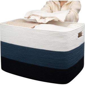 imageOIAHOMY 118L Extra Large Blanket Basket Rectangle Woven Cotton Rope Storage BasketUsed for storing Dirty Clothes Stuffed Animal Toy Storage for Living RoomKids Room25quot x 17quot x 16quot Gradient BrownGradient Blue