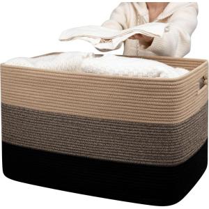 imageOIAHOMY 118L Extra Large Blanket Basket Rectangle Woven Cotton Rope Storage BasketUsed for storing Dirty Clothes Stuffed Animal Toy Storage for Living RoomKids Room25quot x 17quot x 16quot Gradient BrownBrown Black
