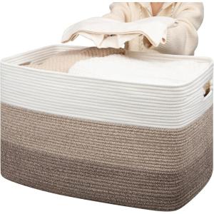 imageOIAHOMY 118L Extra Large Blanket Basket Rectangle Woven Cotton Rope Storage BasketUsed for storing Dirty Clothes Stuffed Animal Toy Storage for Living RoomKids Room25quot x 17quot x 16quot Gradient BrownGradient Brown
