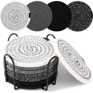 imageOIAHOMY 8 Pcs Coasters with Holder Coasters for Drinks Woven Cotton Absorbent Coaster Set for Kinds of Cups Housewarming Gifts for Home Decor YellowBlack