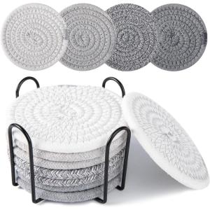 imageOIAHOMY 8 Pcs Coasters with Holder Coasters for Drinks Woven Cotton Absorbent Coaster Set for Kinds of Cups Housewarming Gifts for Home Decor YellowGray