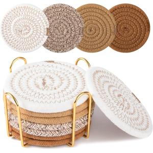 imageOIAHOMY 8 Pcs Coasters with Holder Coasters for Drinks Woven Cotton Absorbent Coaster Set for Kinds of Cups Housewarming Gifts for Home Decor YellowYellow