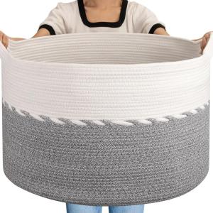 imageOIAHOMY 125L Extra Large Blanket Basket 25quot x 16quot Jumbo Laundry Hamper Cotton Rope Basket with Handles for Living RoomBaby Toy Storage Bins BrownGrey