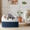 imageOIAHOMY 75L Large Blanket Basket 22x17x12 Rectangle Woven Baskets For Storage Nursery Blanket Storage Living Room Toy Box With Long HandleGradient Brown With WhiteBlue With White