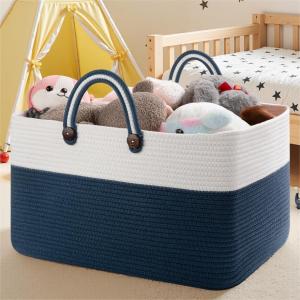 imageOIAHOMY 75L Large Blanket Basket 22x17x12 Rectangle Woven Baskets For Storage Nursery Blanket Storage Living Room Toy Box With Long HandleGradient Brown With WhiteBlue With White