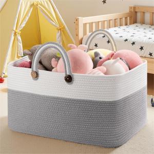 imageOIAHOMY 75L Large Blanket Basket 22x17x12 Rectangle Woven Baskets For Storage Nursery Blanket Storage Living Room Toy Box With Long HandleGradient Brown With WhiteGrey With White