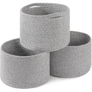 imageOIAHOMY Small Storage Baskets for OrganizingCloset Cube Shelf Storage 989871 Woven Cotton Rope Gift Baskets for NurseryCute Dog Toy bins Round 3 Packs WhiteGrey