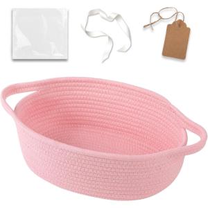 imageOIAHOMY Small Woven Basket with Gift Bags Ribbons ampamp DIY Label Card Baskets for Gifts Empty Small Rope Basket 12  8  5IN Cute Decorative baskets with Handles for Baby Pets Toys GreenPink