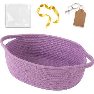 imageOIAHOMY Small Woven Basket with Gift Bags Ribbons ampamp DIY Label Card Baskets for Gifts Empty Small Rope Basket 12  8  5IN Cute Decorative baskets with Handles for Baby Pets Toys GreenLilac Purple