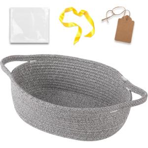 imageOIAHOMY Small Woven Basket with Gift Bags Ribbons ampamp DIY Label Card Baskets for Gifts Empty Small Rope Basket 12  8  5IN Cute Decorative baskets with Handles for Baby Pets Toys GreenGrey