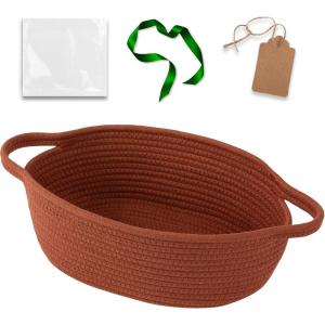 imageOIAHOMY Small Woven Basket with Gift Bags Ribbons ampamp DIY Label Card Baskets for Gifts Empty Small Rope Basket 12  8  5IN Cute Decorative baskets with Handles for Baby Pets Toys GreenRust Red