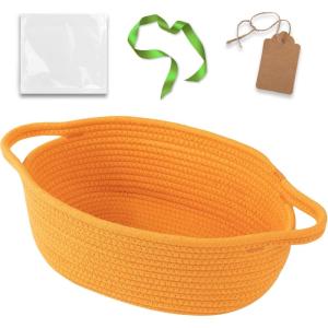 imageOIAHOMY Small Woven Basket with Gift Bags Ribbons ampamp DIY Label Card Baskets for Gifts Empty Small Rope Basket 12  8  5IN Cute Decorative baskets with Handles for Baby Pets Toys GreenOrange