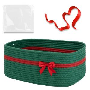 imageOIAHOMY Christmas Basket with Gift Bags and Ribbons Woven Storage Basket for Decorations Nursery Pets  GreenGreen  Red Bow