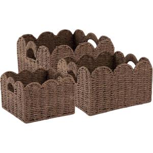 imageOIAHOMY Scalloped Wicker Baskets Handwoven Storage Baskets with Builtin Handles Paper Rope Shelf Baskets for Organizing and Decoration Set of 3YellowBrown