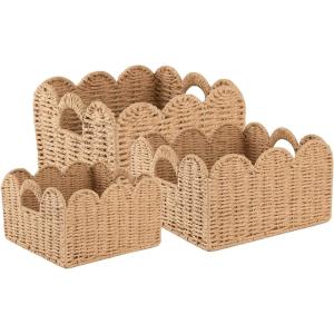 imageOIAHOMY Scalloped Wicker Baskets Handwoven Storage Baskets with Builtin Handles Paper Rope Shelf Baskets for Organizing and Decoration Set of 3YellowYellow