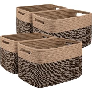 imageOIAHOMY 4 Pack Storage Baskets for Organizing Basket for Shelves with Handle Woven Baskets for Storage Toys Towels Books Cotton Rope Basket 13quot L x 9 quot W x 78 quot H Brown ampamp WhiteBrown  Black