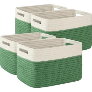 imageOIAHOMY 4 Pack Storage Baskets for Organizing Basket for Shelves with Handle Woven Baskets for Storage Toys Towels Books Cotton Rope Basket 13quot L x 9 quot W x 78 quot H Brown ampamp WhiteOlive Green  White