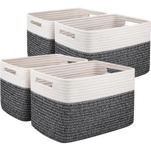 imageOIAHOMY 4 Pack Storage Baskets for Organizing Basket for Shelves with Handle Woven Baskets for Storage Toys Towels Books Cotton Rope Basket 13quot L x 9 quot W x 78 quot H Brown ampamp WhiteBlack  White