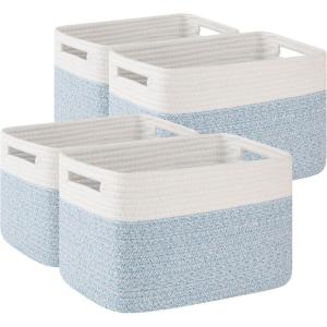 imageOIAHOMY 4 Pack Storage Baskets for Organizing Basket for Shelves with Handle Woven Baskets for Storage Toys Towels Books Cotton Rope Basket 13quot L x 9 quot W x 78 quot H Brown ampamp WhiteLight Blue  White
