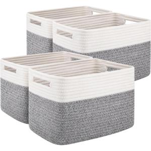 imageOIAHOMY 4 Pack Storage Baskets for Organizing Basket for Shelves with Handle Woven Baskets for Storage Toys Towels Books Cotton Rope Basket 13quot L x 9 quot W x 78 quot H Brown ampamp WhiteGrey  White