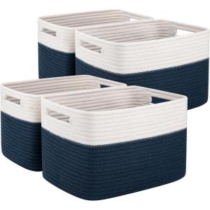 imageOIAHOMY 4 Pack Storage Baskets for Organizing Basket for Shelves with Handle Woven Baskets for Storage Toys Towels Books Cotton Rope Basket 13quot L x 9 quot W x 78 quot H Brown ampamp WhiteBlue  White