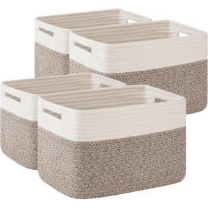 imageOIAHOMY 4 Pack Storage Baskets for Organizing Basket for Shelves with Handle Woven Baskets for Storage Toys Towels Books Cotton Rope Basket 13quot L x 9 quot W x 78 quot H Brown ampamp WhiteDeep Brown  White