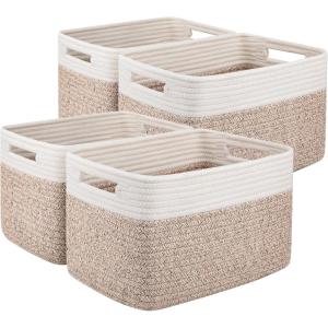 imageOIAHOMY 4 Pack Storage Baskets for Organizing Basket for Shelves with Handle Woven Baskets for Storage Toys Towels Books Cotton Rope Basket 13quot L x 9 quot W x 78 quot H Brown ampamp WhiteBrown  White