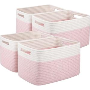 imageOIAHOMY 4 Pack Storage Baskets for Organizing Basket for Shelves with Handle Woven Baskets for Storage Toys Towels Books Cotton Rope Basket 13quot L x 9 quot W x 78 quot H Brown ampamp WhitePink  White