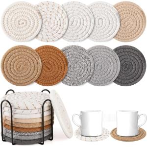 imageOIAHOMY 10 Pcs Drink Coasters with Holder Boho Cotton Woven Coaster Set Absorbent Coaster Protection for Various Cups Ideal for Coffee Tables Home Decor and Gift 43 InchesMixed YellowYellow