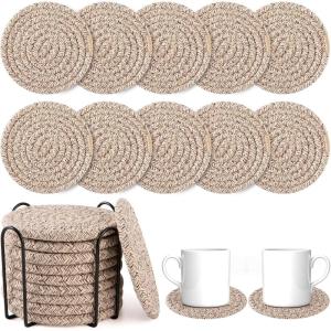 imageOIAHOMY 10 Pcs Drink Coasters with Holder Boho Cotton Woven Coaster Set Absorbent Coaster Protection for Various Cups Ideal for Coffee Tables Home Decor and Gift 43 InchesMixed YellowBrown