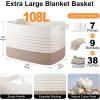 image:imageOIAHOMY 108L Extra Large Blanket Basket 25x16x16 Rectangle Woven Cotton Rope Baskets for for Living Room Toy Storage with Handle Gradient Light BrownGradient Light Brown
