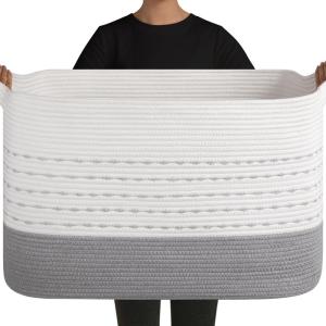 image:imageOIAHOMY 108L Extra Large Blanket Basket 25x16x16 Rectangle Woven Cotton Rope Baskets for for Living Room Toy Storage with Handle Gradient Light BrownGradient Grey