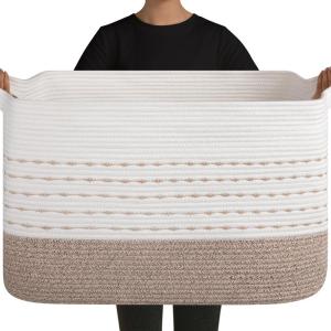 image:imageOIAHOMY 108L Extra Large Blanket Basket 25x16x16 Rectangle Woven Cotton Rope Baskets for for Living Room Toy Storage with Handle Gradient Light BrownGradient Light Brown